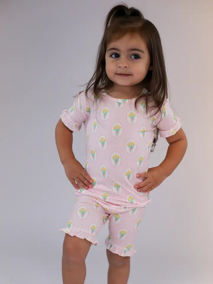 Fancy Tulips (Cottage Pink) Short Sleeve 2pc Pjs with Ruffles 2T