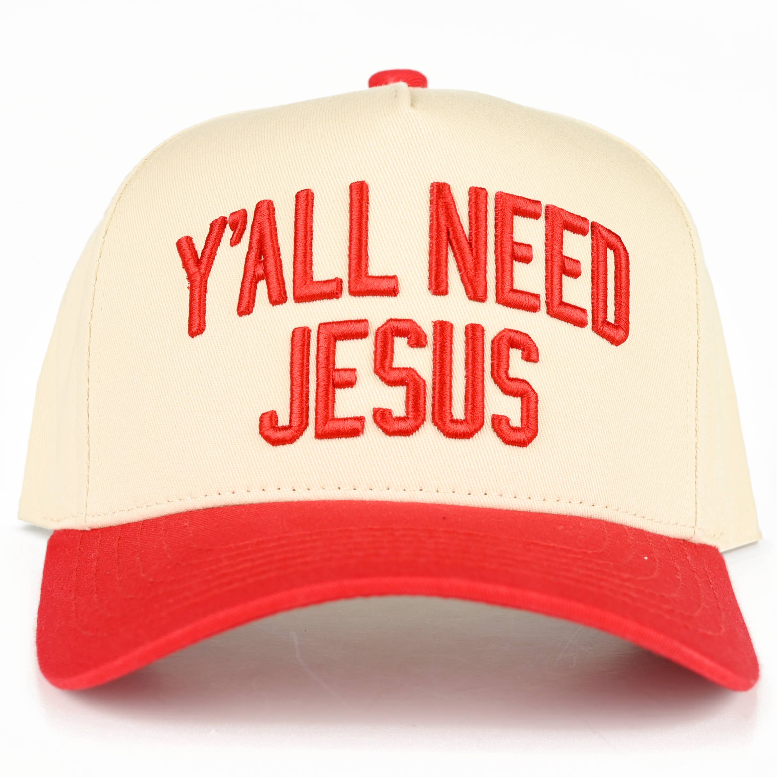 C.C Y'ALL NEED JESUS Embroidered Letter Two Tone Trucker Hat: Red