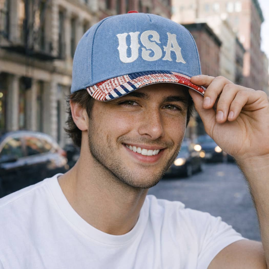 USA Embroidered Denim Trucker Hat: DENIM-BEIGE / ONE SIZE