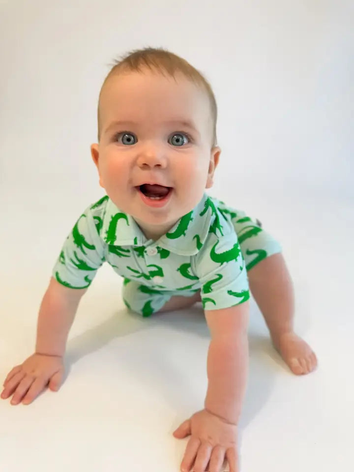 Blue Alligators - Short Sleeve Polo Romper