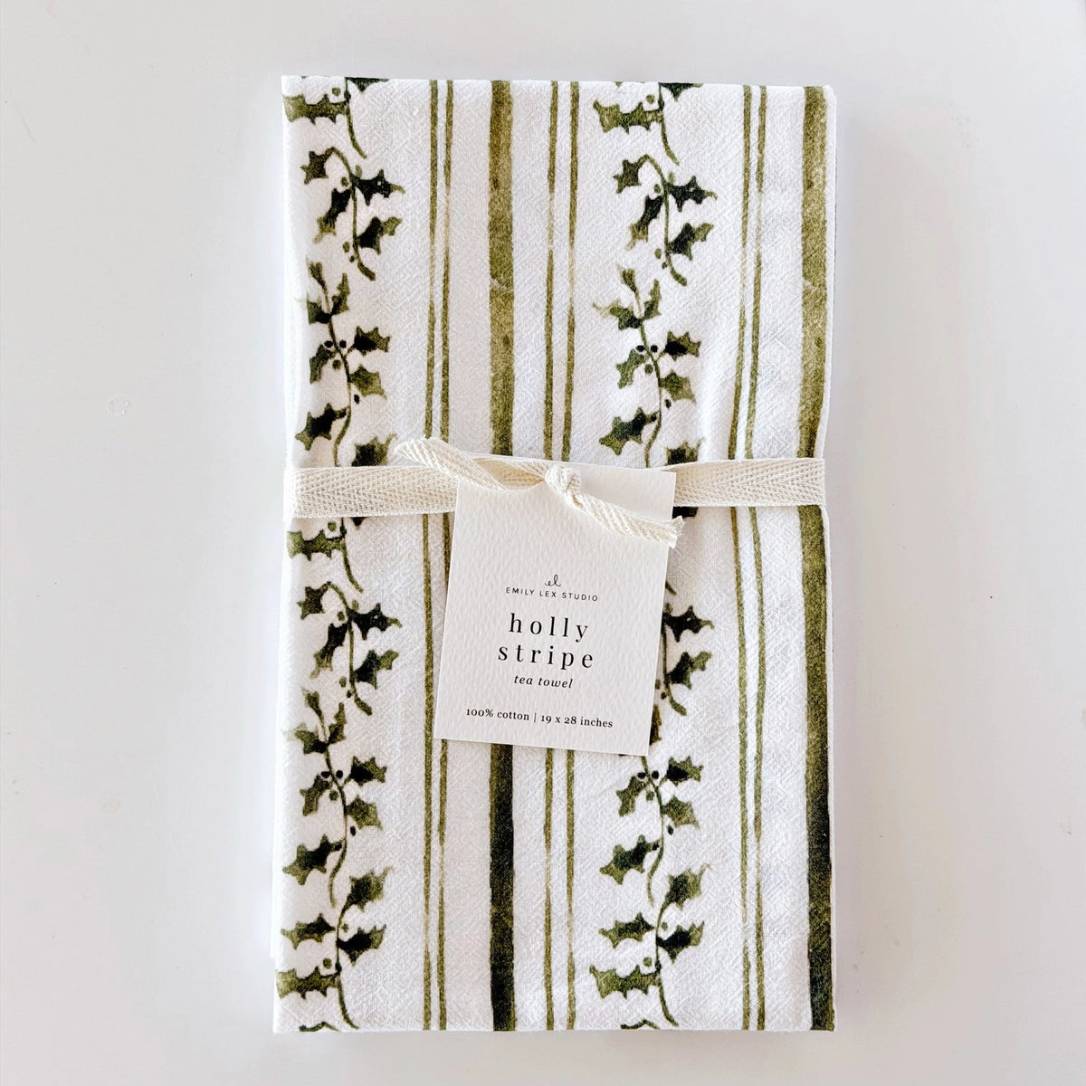Holly Stripe Cotton Tea Towel by Emily Lex