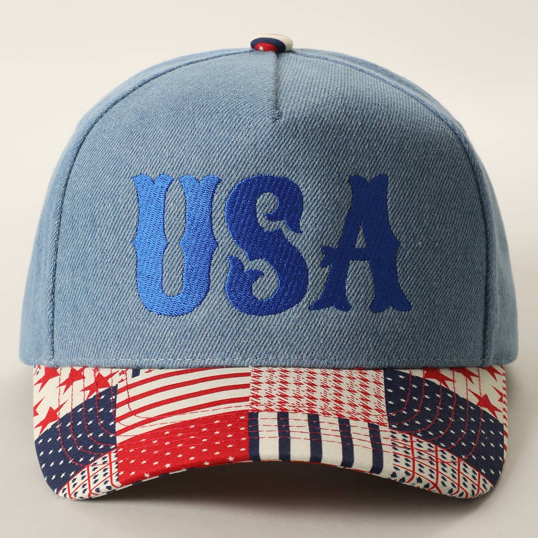 USA Embroidered Denim Trucker Hat: DENIM-BEIGE / ONE SIZE