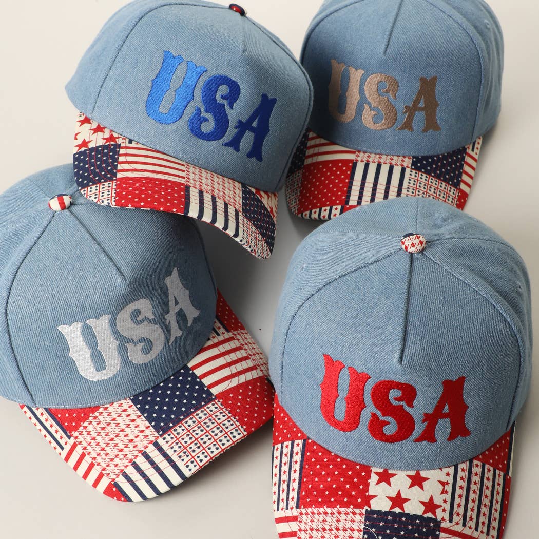 USA Embroidered Denim Trucker Hat: DENIM-BEIGE / ONE SIZE