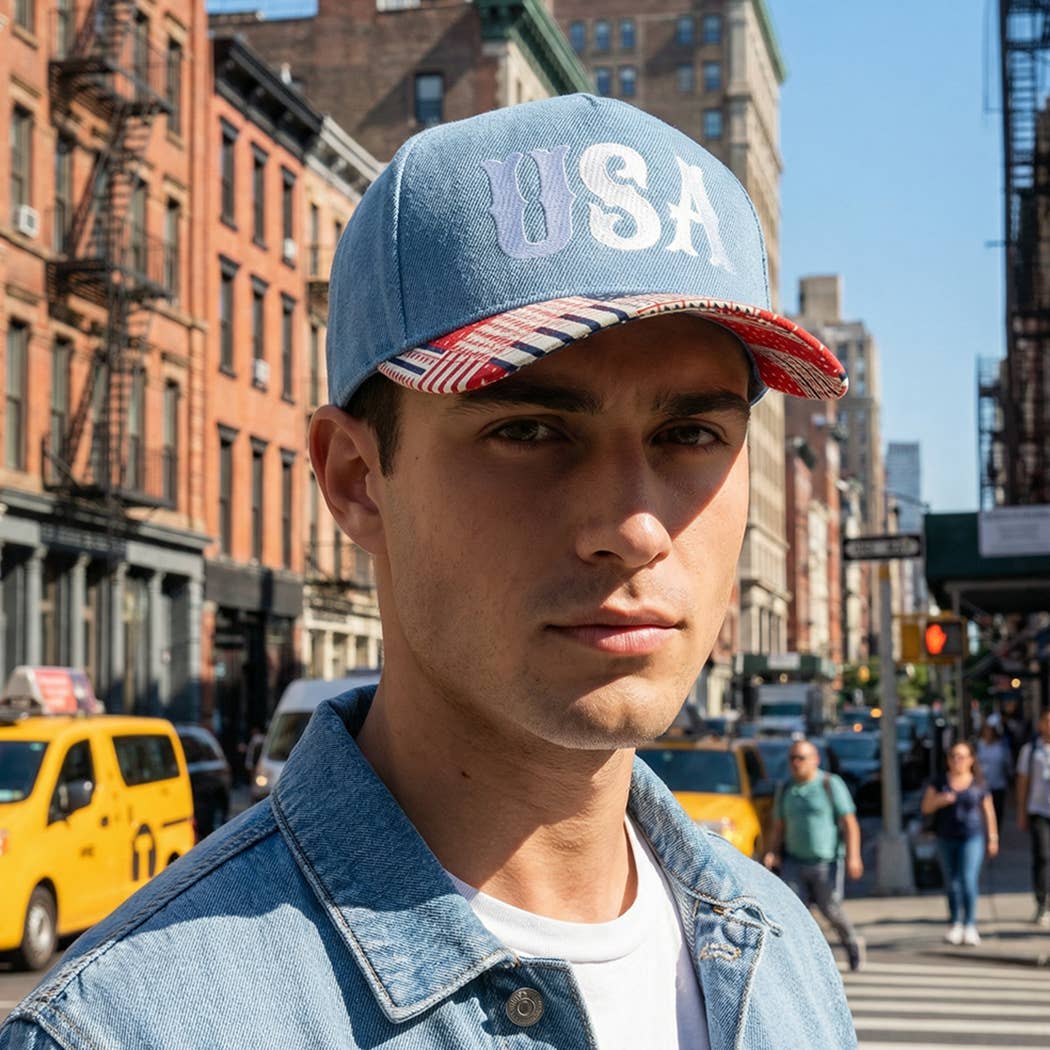 USA Embroidered Denim Trucker Hat: DENIM-BEIGE / ONE SIZE