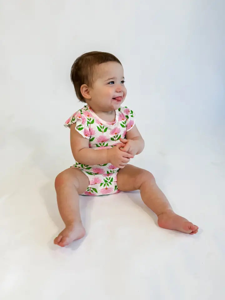 Pink Block Print Flowers - Flutter Bubble 6-12 Months