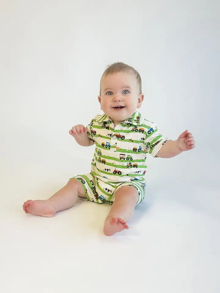 Farm Stripes - Short Sleeve Polo Romper