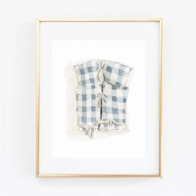 Blue Gingham Boat Coat Watercolor Wall Art Print
