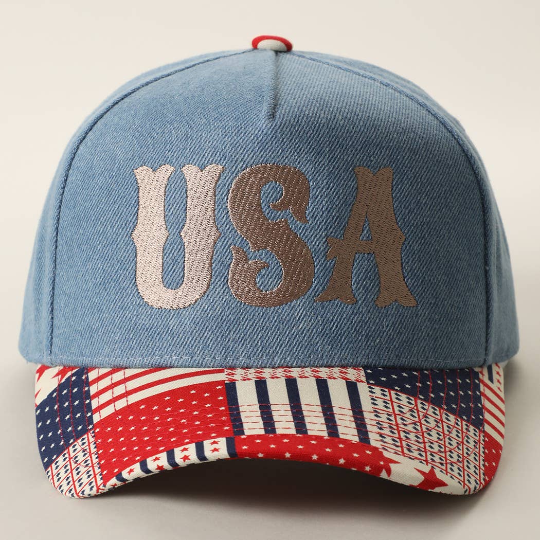 USA Embroidered Denim Trucker Hat: DENIM-BEIGE / ONE SIZE