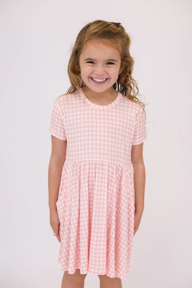 Pink Gingham Short Sleeve Dress