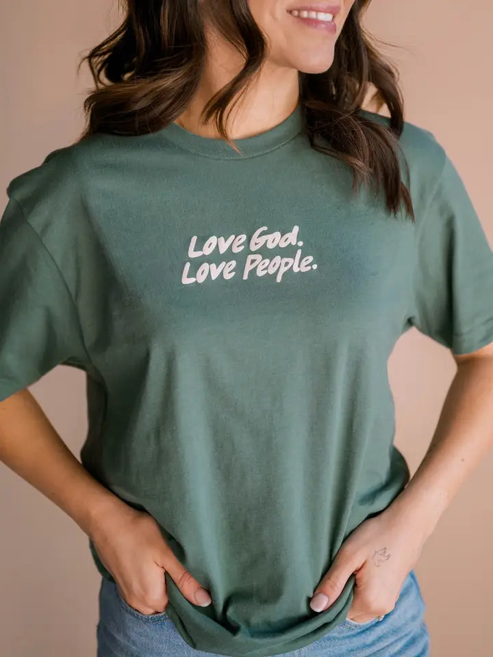 Love God Love People Tee- Muted Green | Christian Tee
