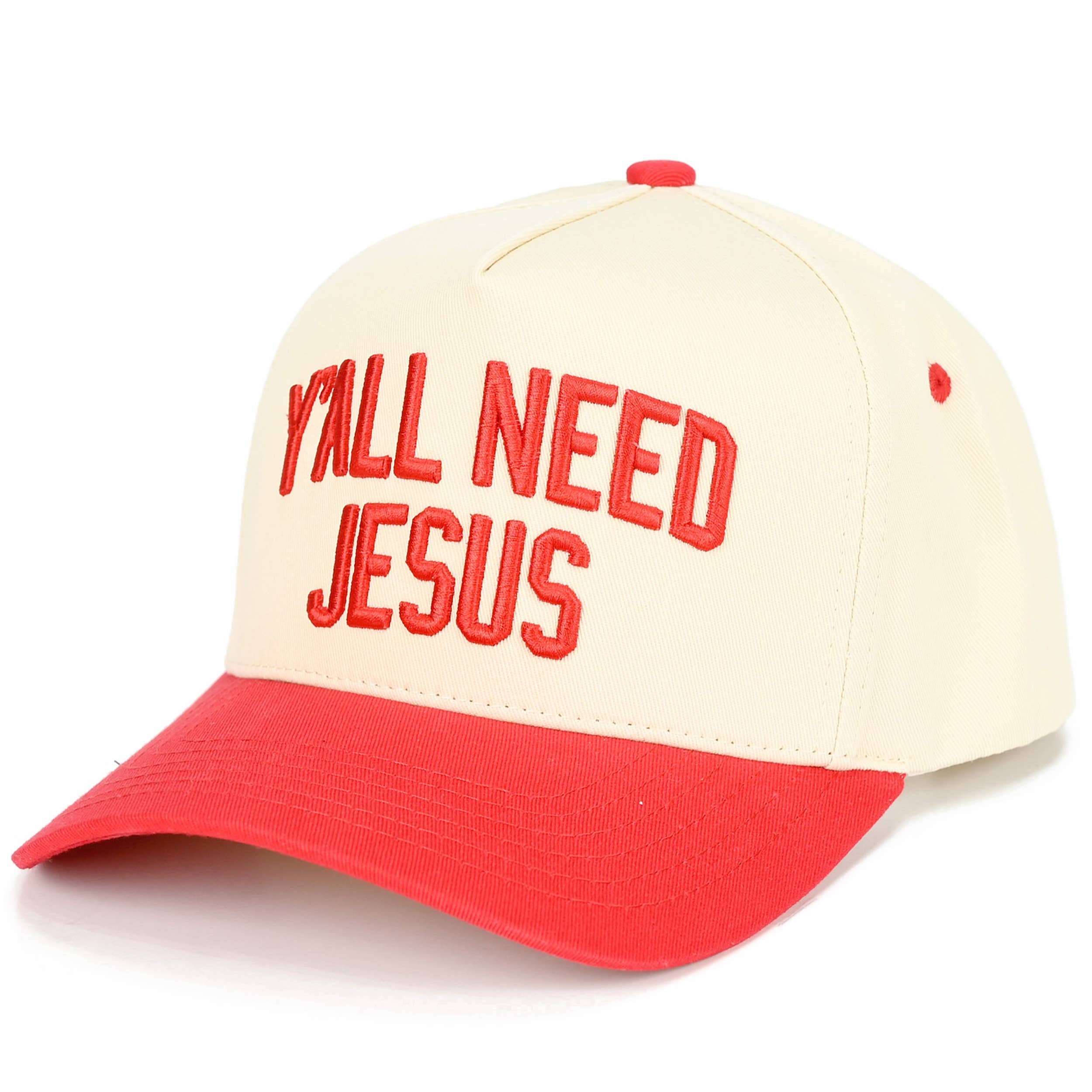 C.C Y'ALL NEED JESUS Embroidered Letter Two Tone Trucker Hat: Red
