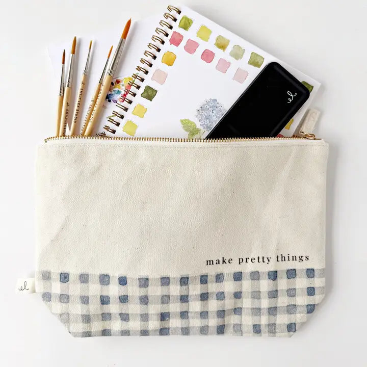 Canvas Zipper Pouch "Make Pretty Things" Gingham - By Emily Lex