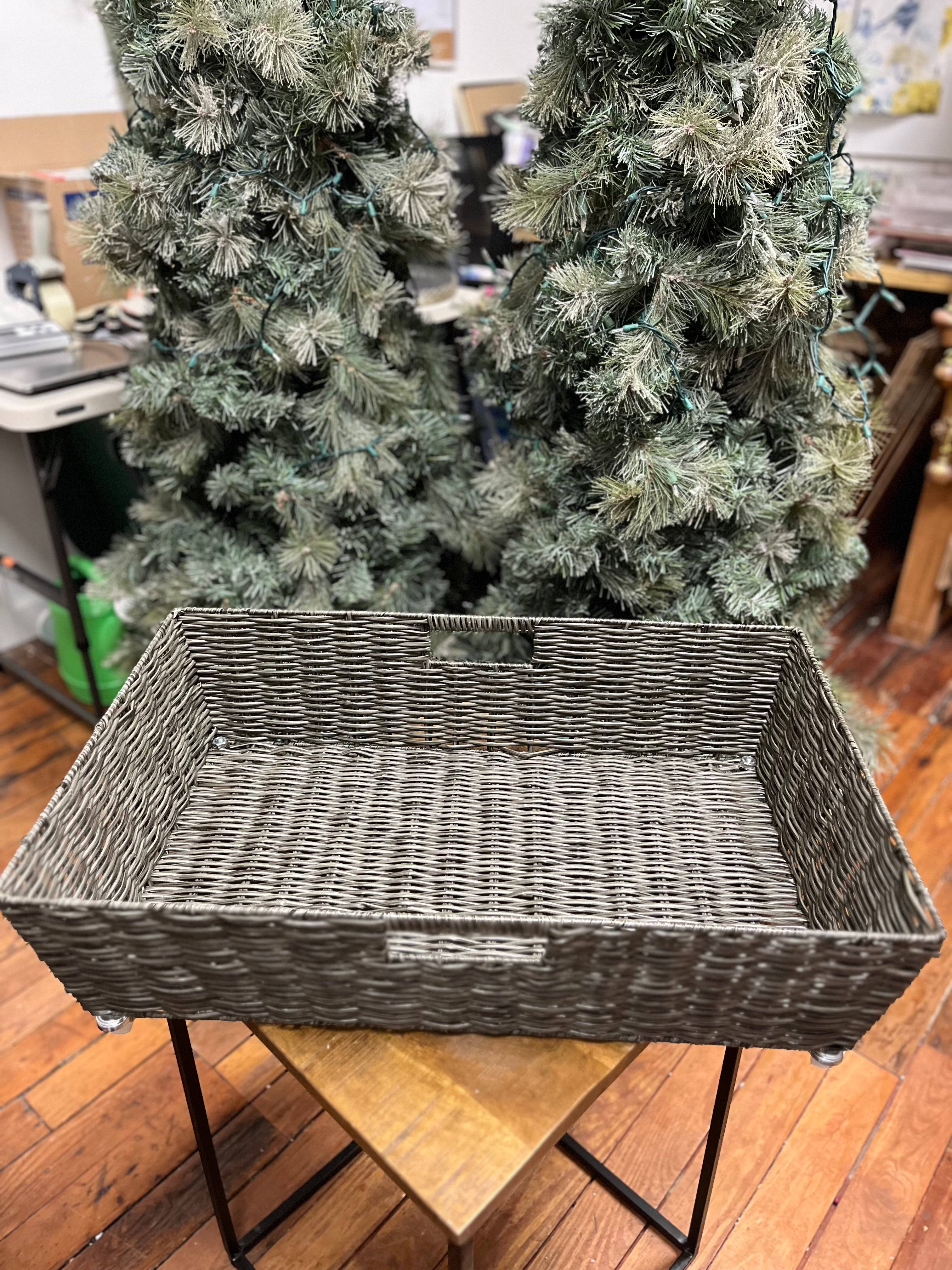Gray Basket with Wheels and Handles