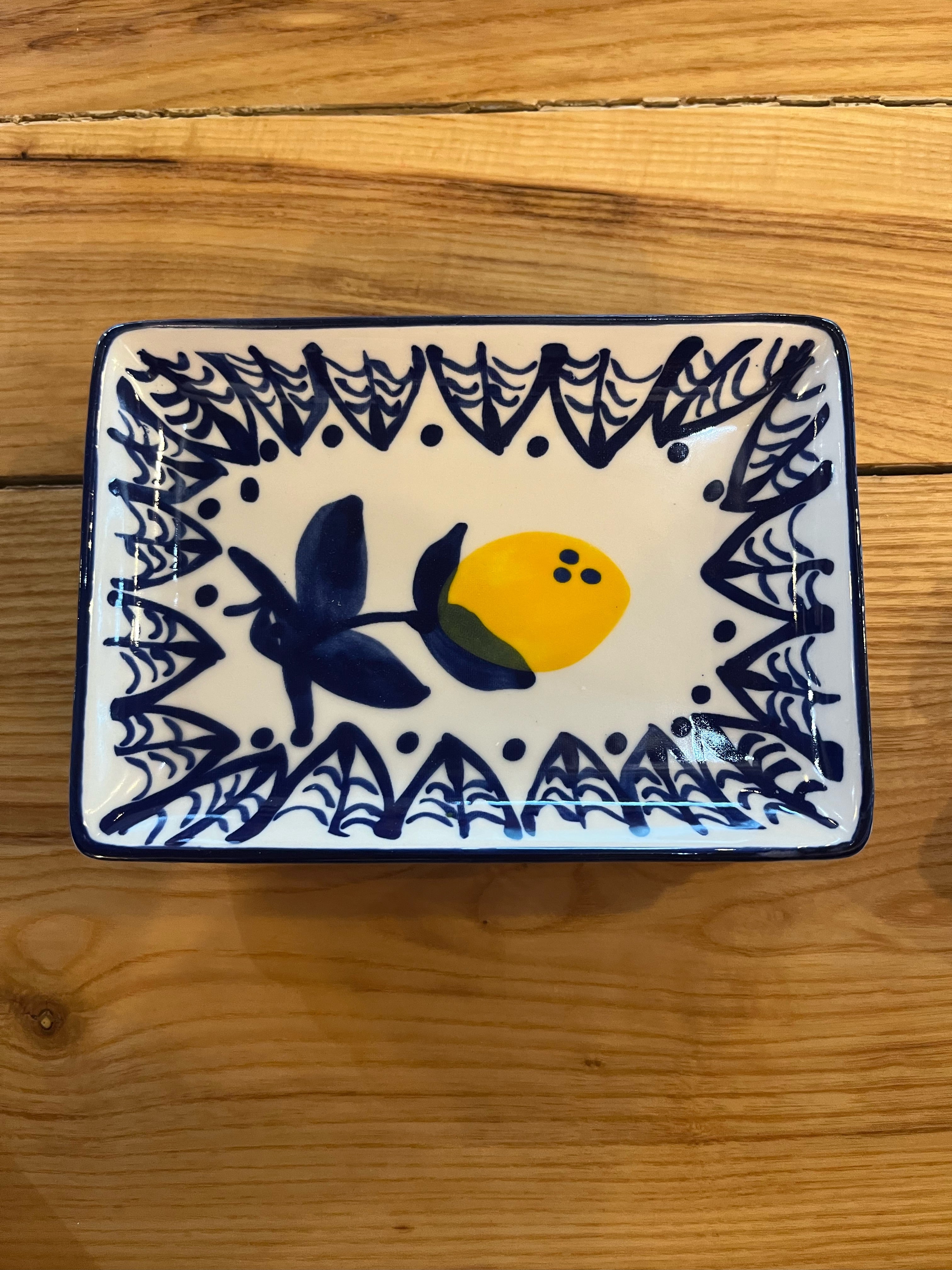 Hand-Painted Stoneware Dish with Lemons