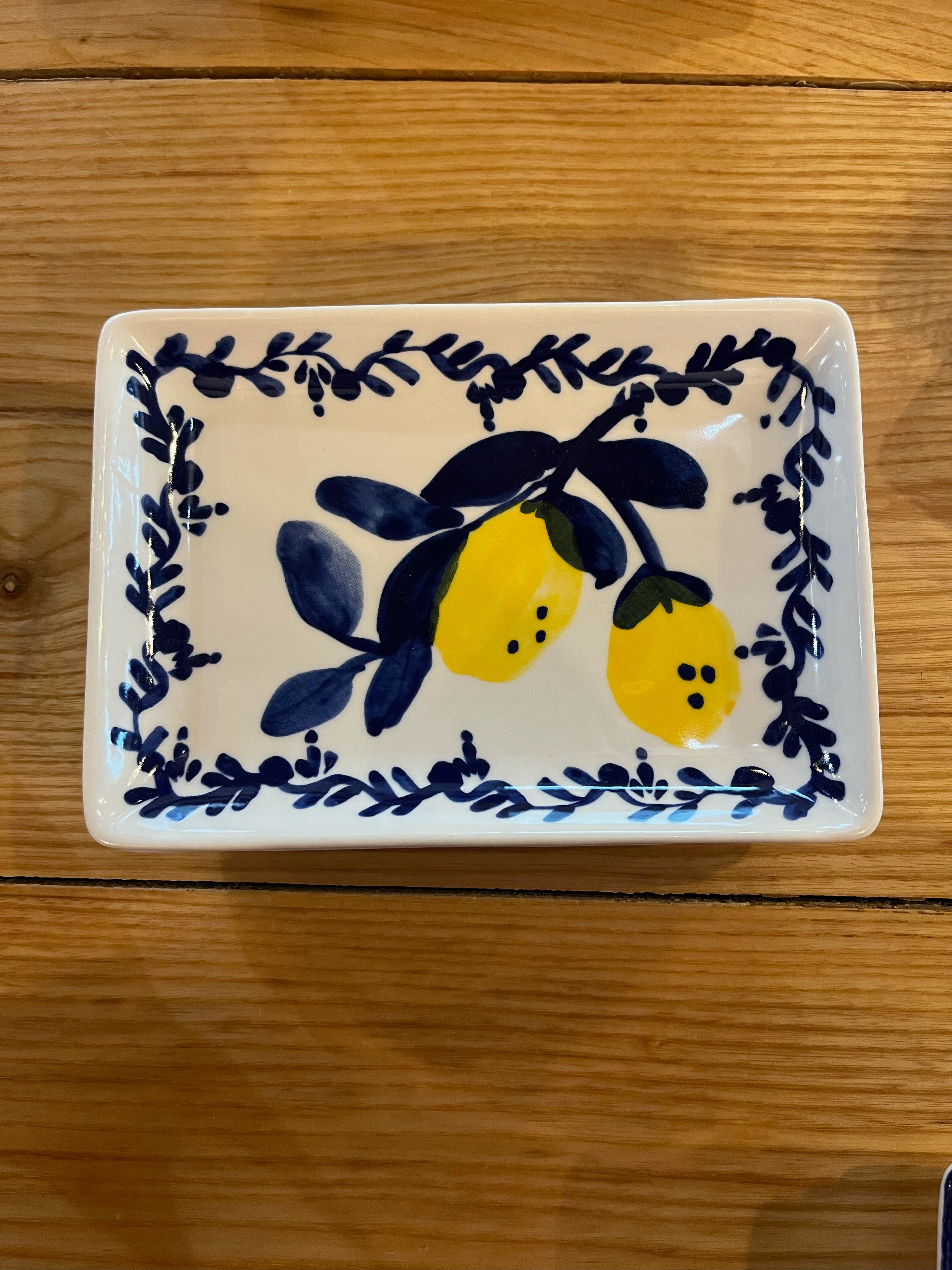 Hand-Painted Stoneware Dish with Lemons