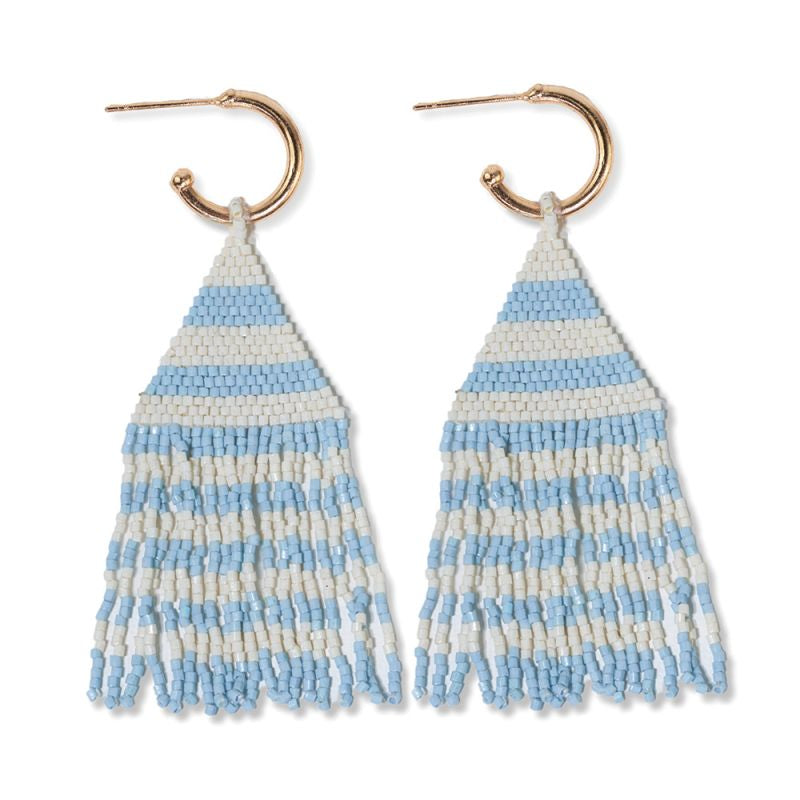 James Mini Gold Hoop Two Tone Stripes Beaded Fringe Earrings Light Blue