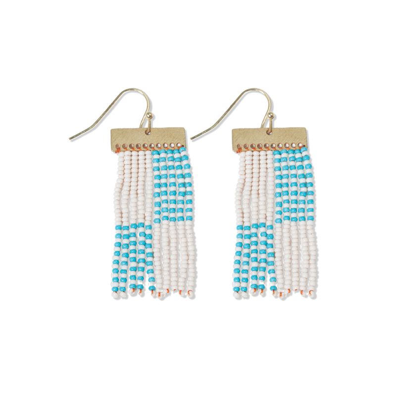 Scout Rectangle Hanger Blocks with Stripes Beaded Fringe Earrings Turquoise