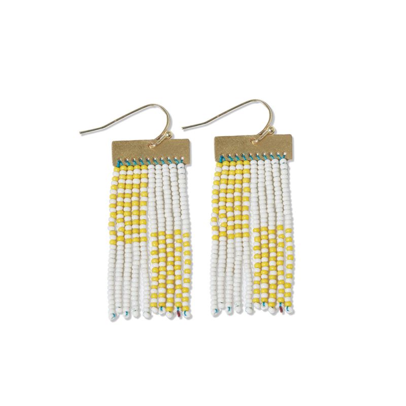 Scout rectangle hanger blocks with stripes beaded fringe earrings Lemon