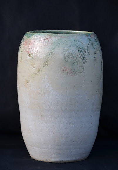 Vase Wide and Tall Alabaster with Botanicals and Lace