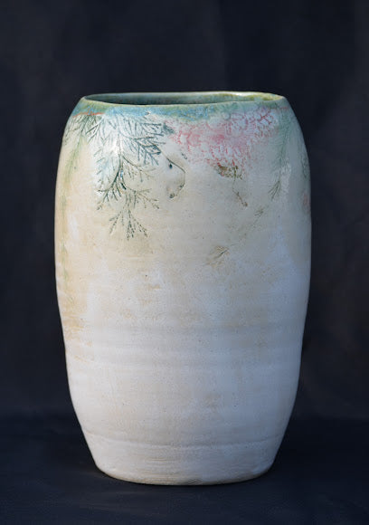 Vase Wide and Tall Alabaster with Botanicals and Lace