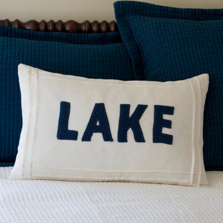 Indigo Lake on White Linen Lumbar Pillow