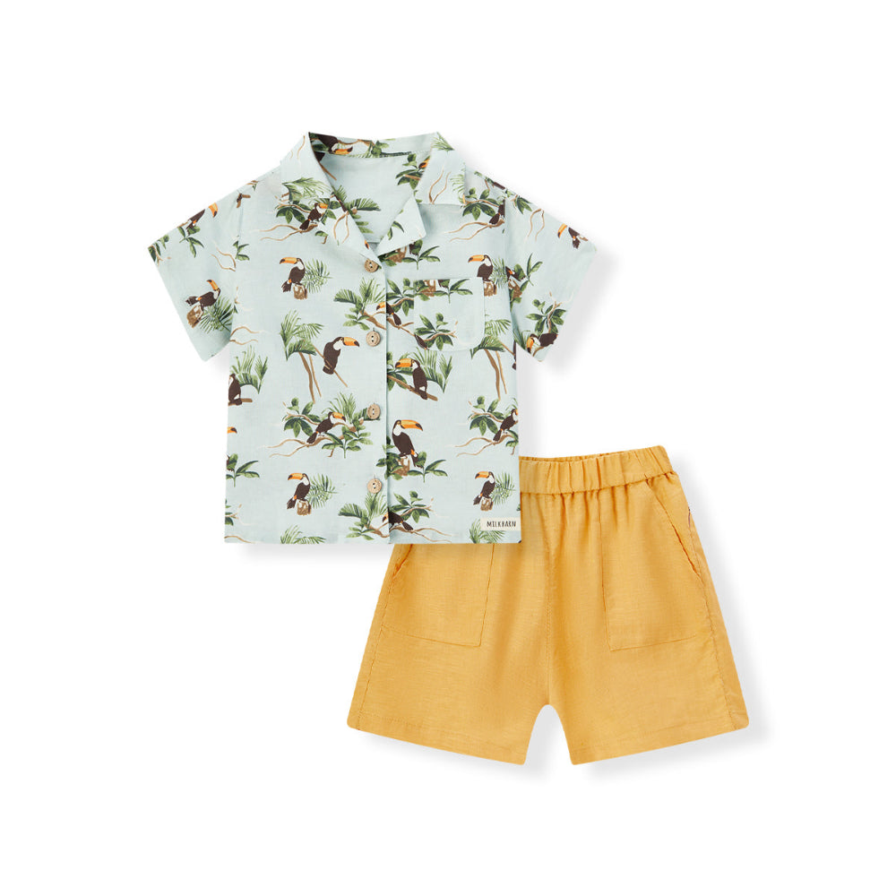 Linen Button-Up Shirt and Short Blue Toucan 2-3Y