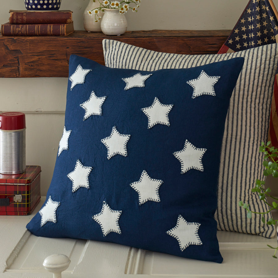 White Stars on Indigo Linen Throw Pillow