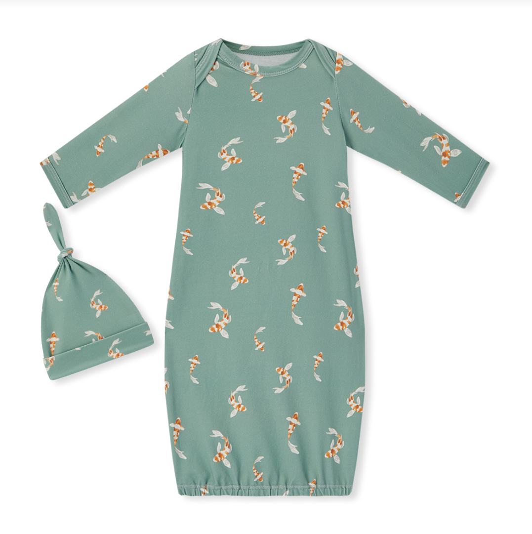 Cotton Stretch Newborn Gown & Hat Set Swimming Koi
