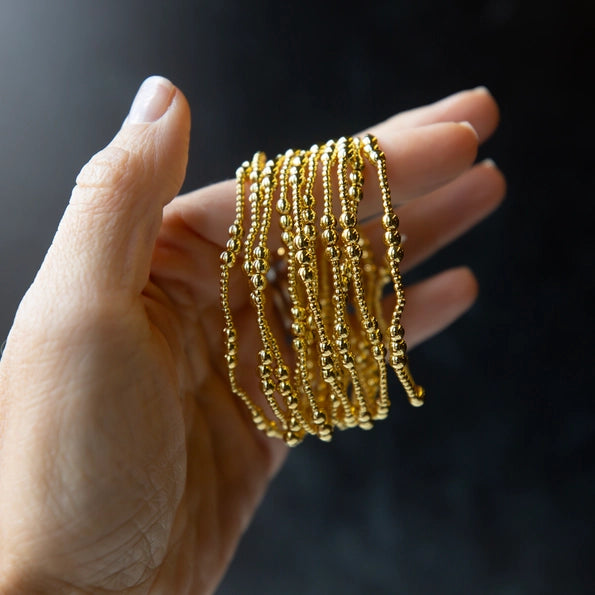 Gold Beaded Bracelets-Trio, Smooth, Gilded Stretch Bracelets