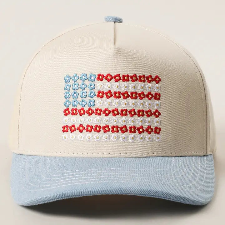 Floral American Flag Embroidered Two-Tone Denim Trucker Hat