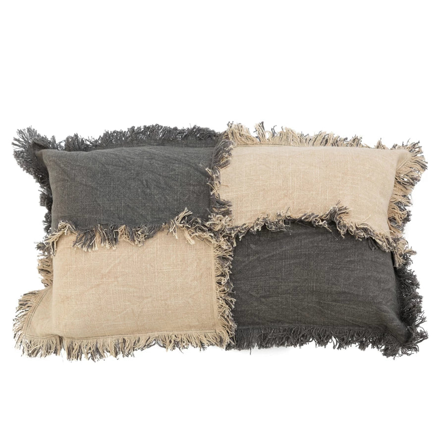 Woven Cotton Slub Color Block Lumbar Pillow w/ Fringe