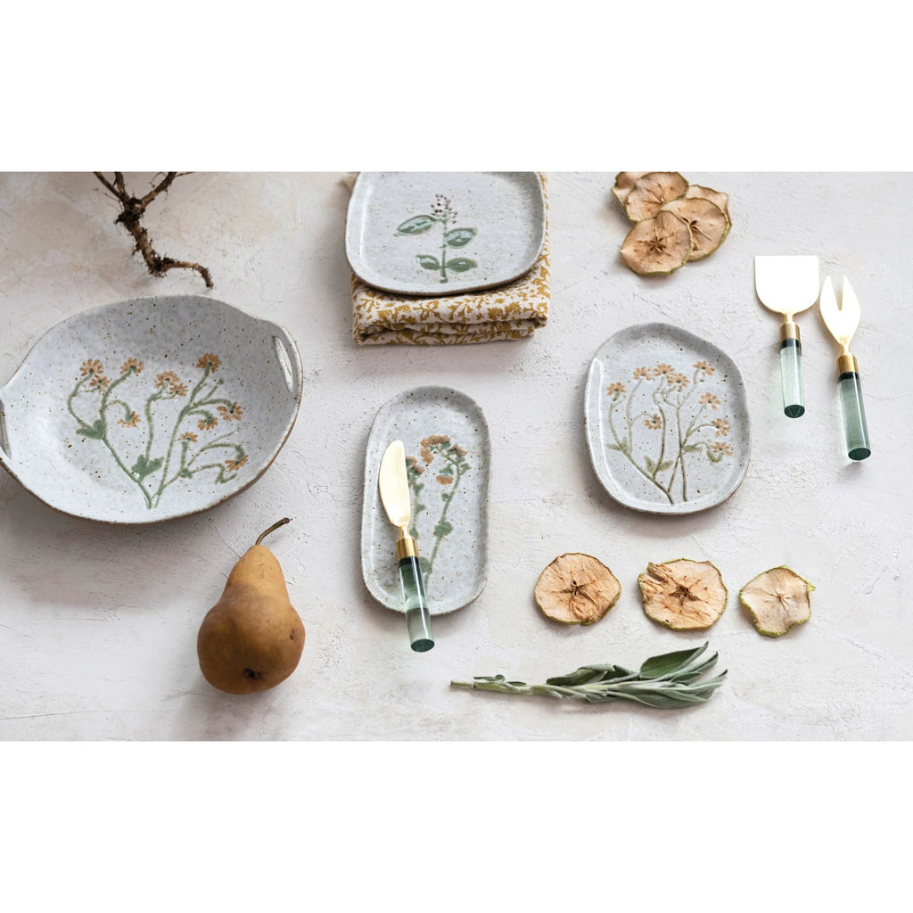 Hand-Painted Stoneware Bowl With Handles & Botanicals