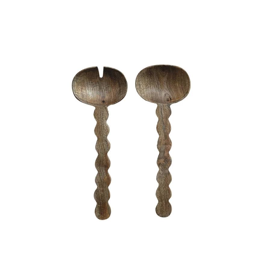 Carved Mango Wood Salad Servers With Scalloped Handle