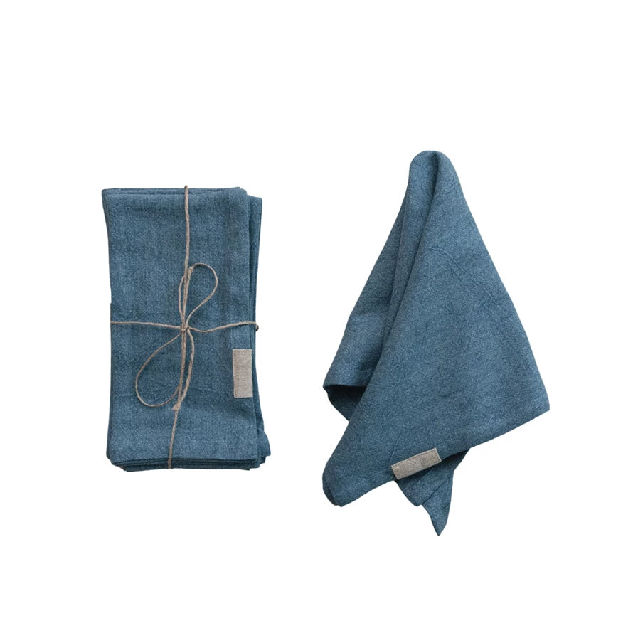 Square Stonewashed Linen Blend Napkins with Tab, Blue