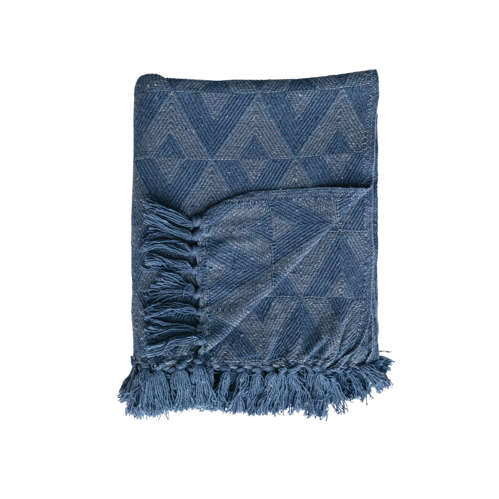 Woven Recycled Cotton Blend Throw With Triangle Pattern & Fringe, Blue