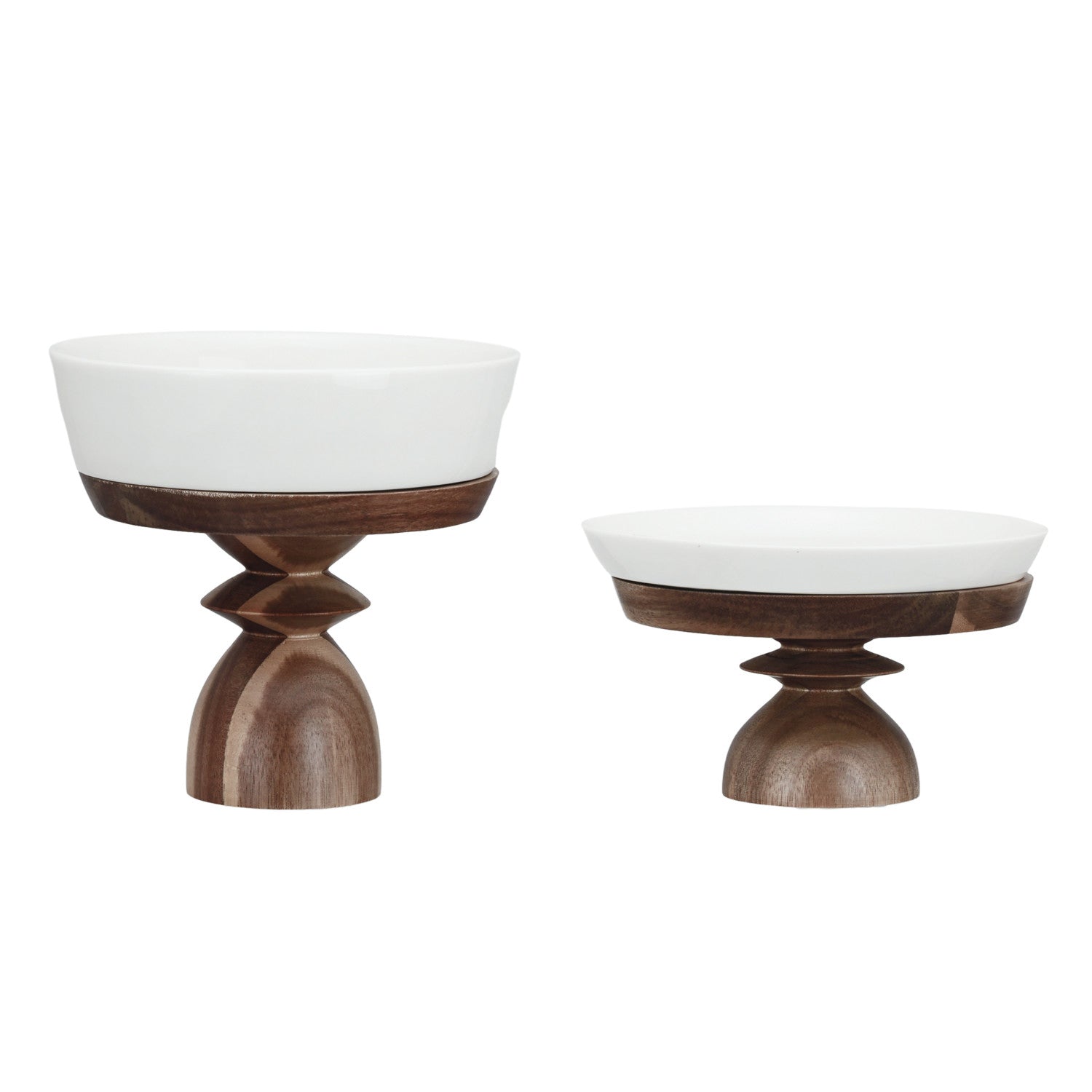 Stoneware Serving Dishes with Acacia Wood Pedestals