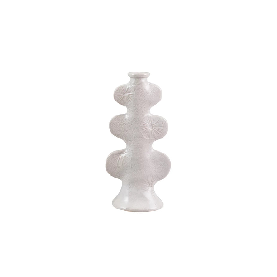Stoneware Sculptural Taper Holder With Embossed Design, White