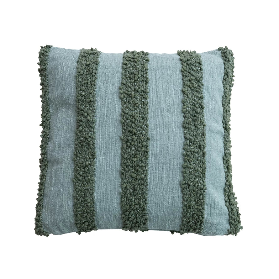 20" Square Cotton Pillow with Tufted Stripes, Green