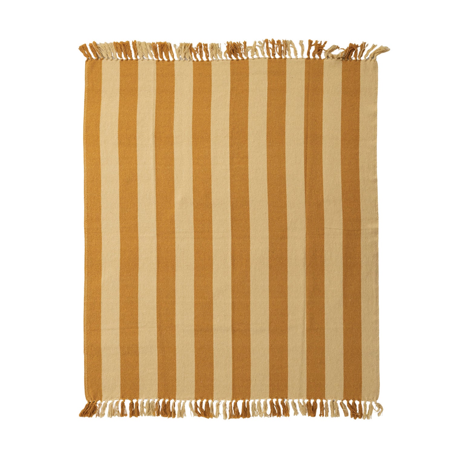 Woven Recycled Cotton Blend Striped Throw with Fringe, Yellow