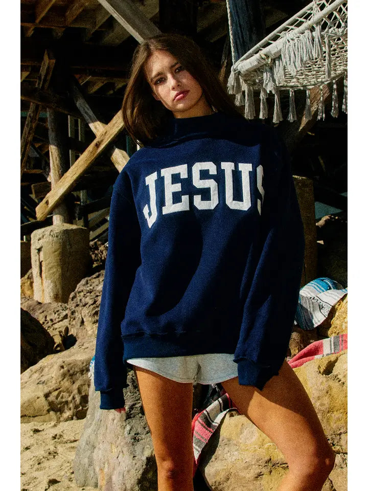'Jesus' Embroidered Mock Neck Sweatshirt