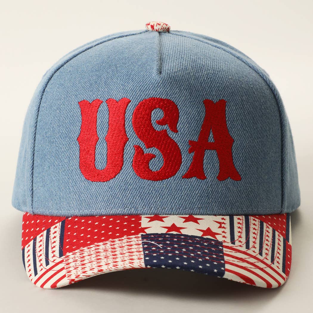 USA Embroidered Denim Trucker Hat: DENIM-BEIGE / ONE SIZE