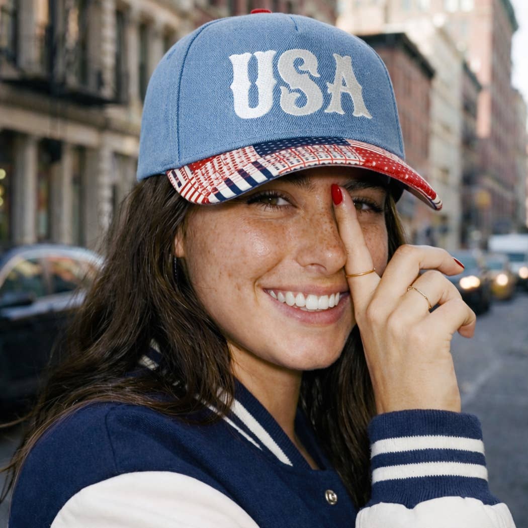 USA Embroidered Denim Trucker Hat: DENIM-BEIGE / ONE SIZE