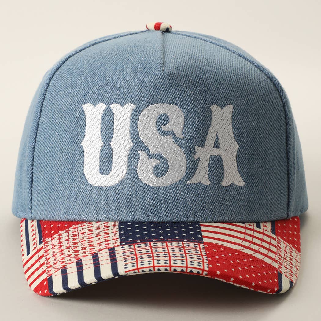 USA Embroidered Denim Trucker Hat: DENIM-BEIGE / ONE SIZE