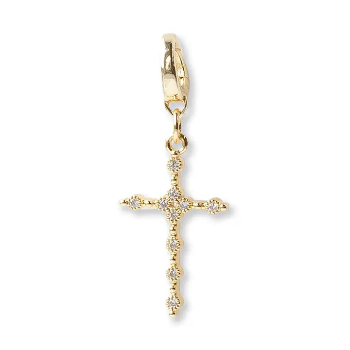 Large Cz Pavé Cross Charm with Hinged Clip, Gold