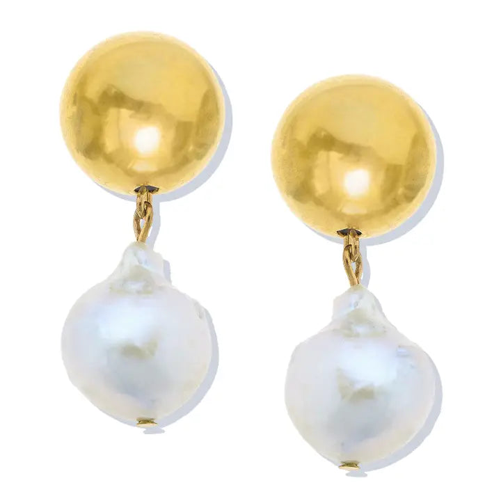 Gold Ball and Baroque Pearl Dangle Earrings