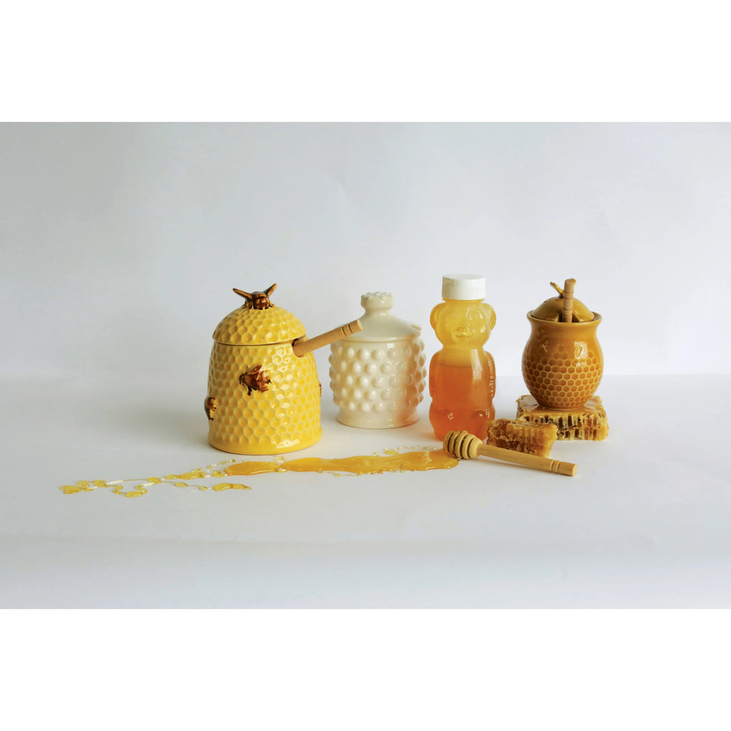 White Hobnail Honey Jar with Honey Dipper