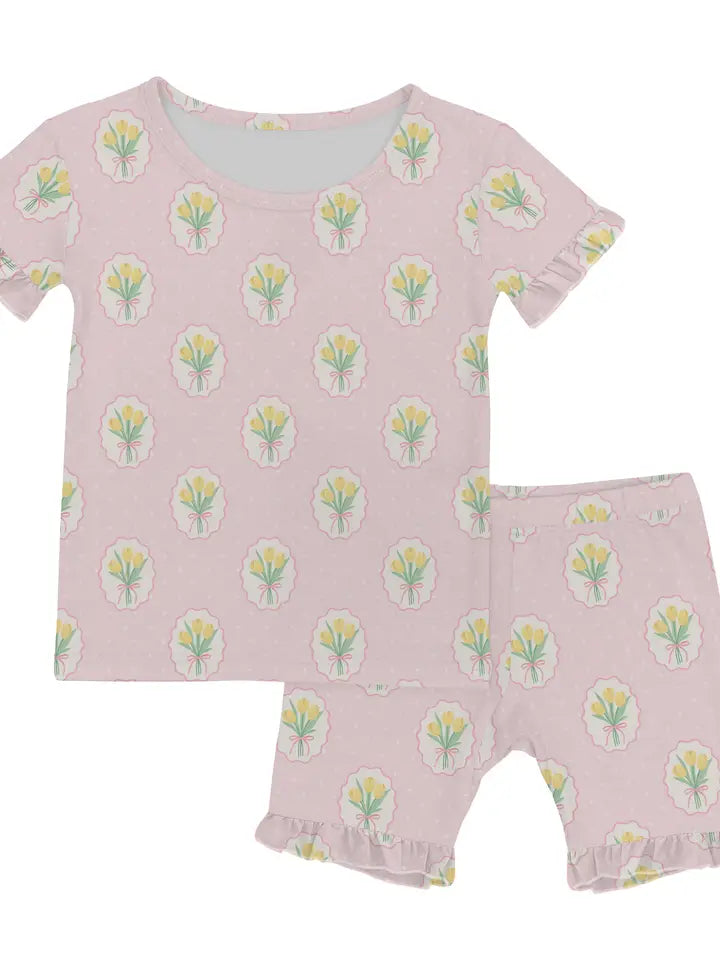 Fancy Tulips (Cottage Pink) Short Sleeve 2pc Pjs with Ruffles 2T