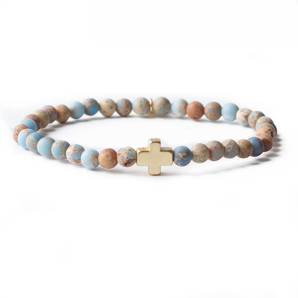 Faith Over Fear Cross Bracelet, 4mm-Blue Jasper