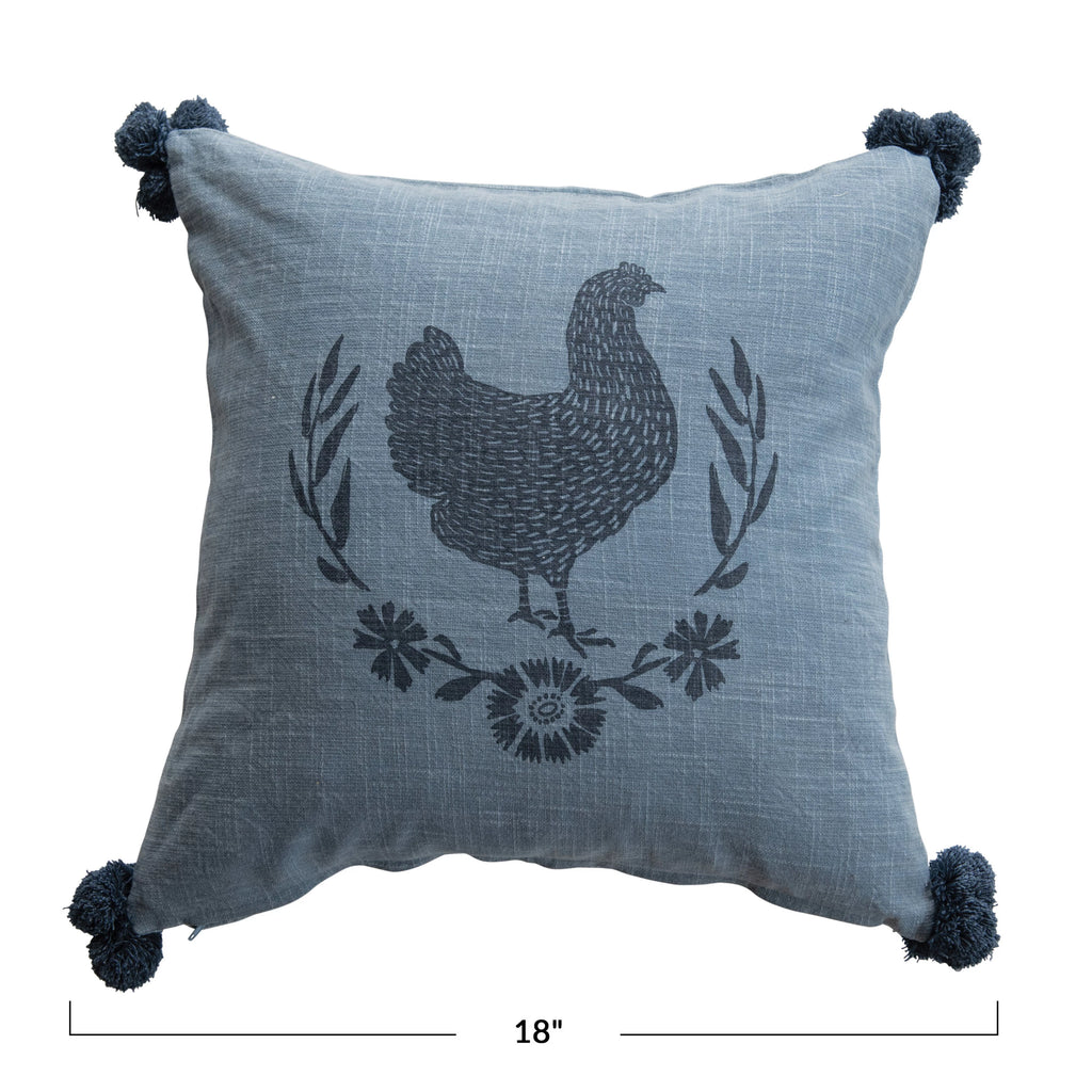 Cotton Slub Pillow with Chicken & Pom Poms