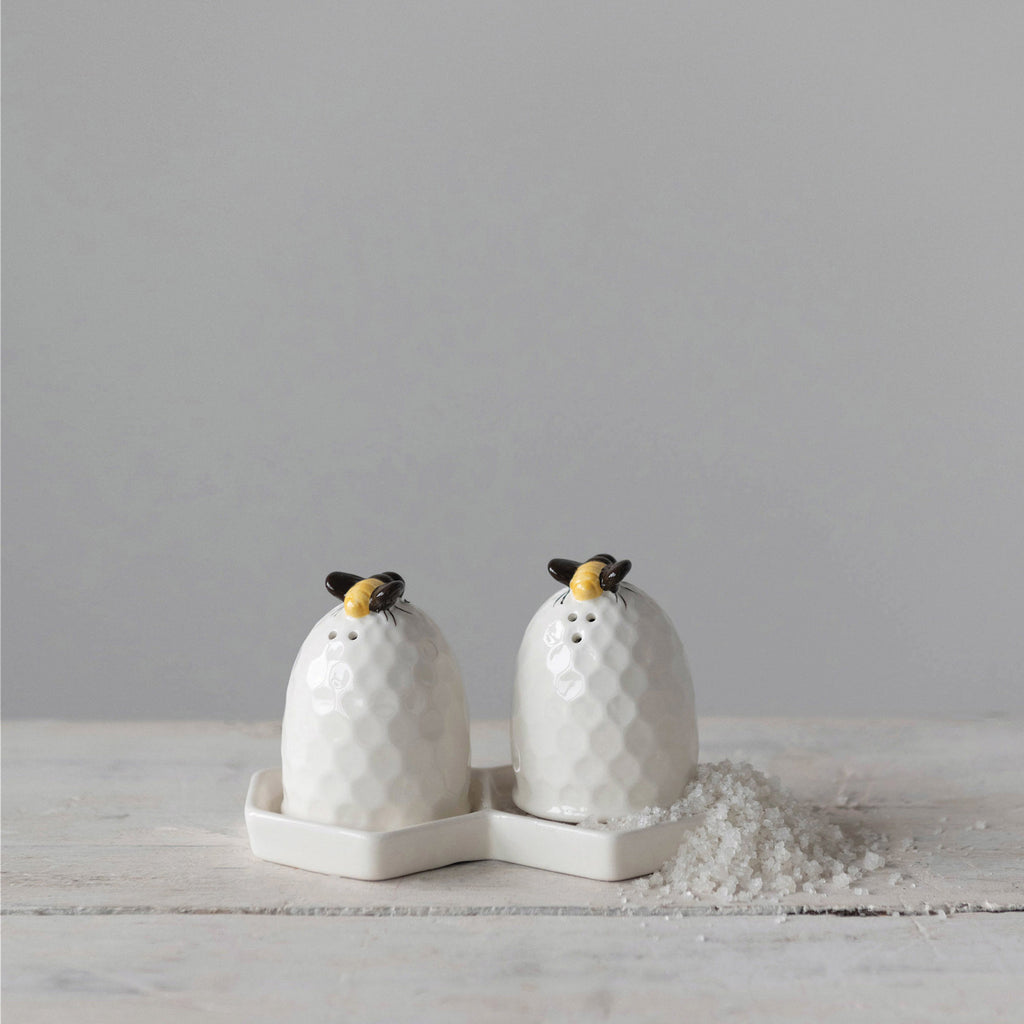 Beehive Salt & Pepper Shakers w/ Honeycomb Plate